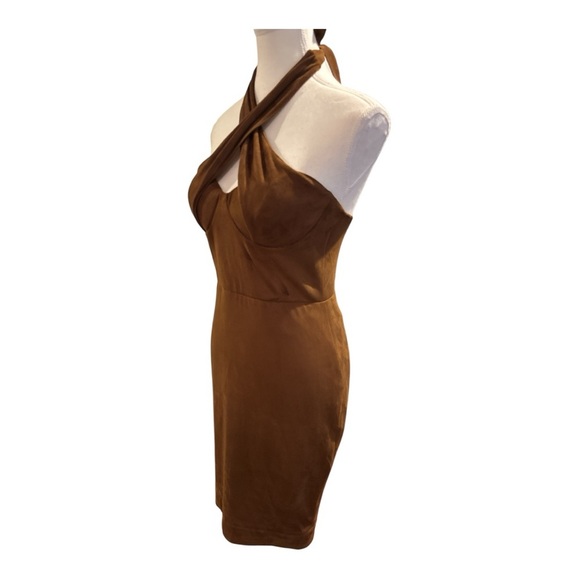 House of CB Camel Suedette Palmira Bustier Bodycon Halter Dress Sz M Mini - Picture 3 of 13